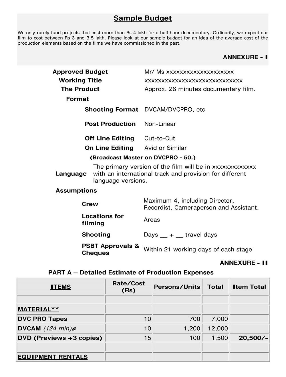 Documentary Film Approved Budget Template