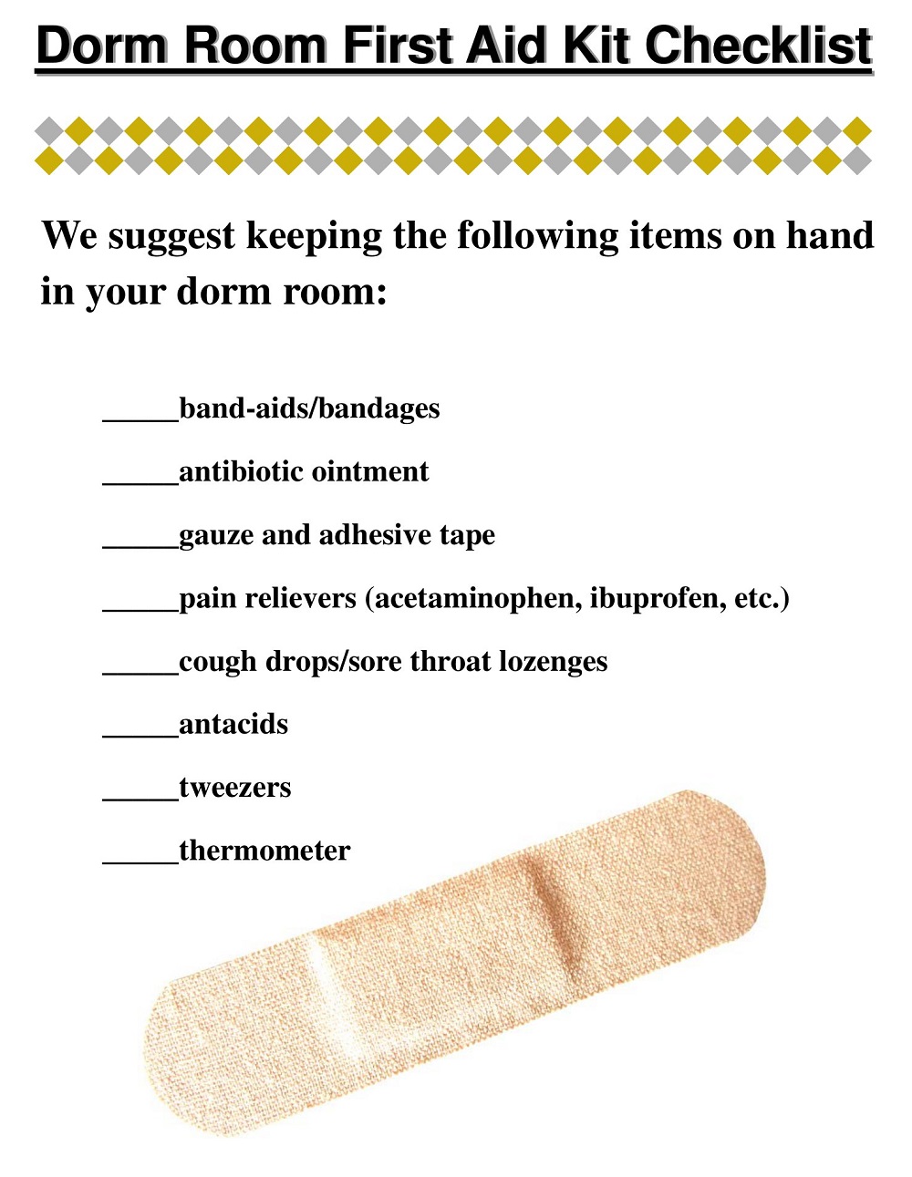 Dorm Room First Aid Kit Checklist