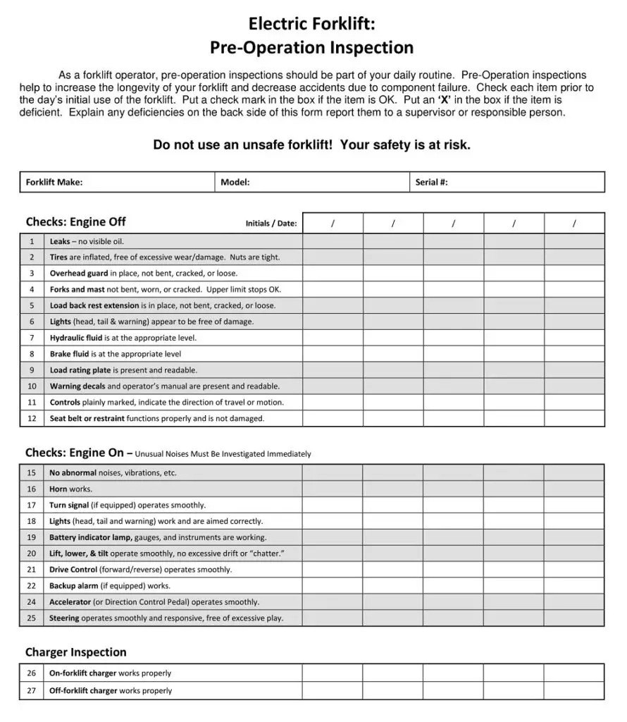 Printable Forklift Inspection Checklist Printable Free Templates