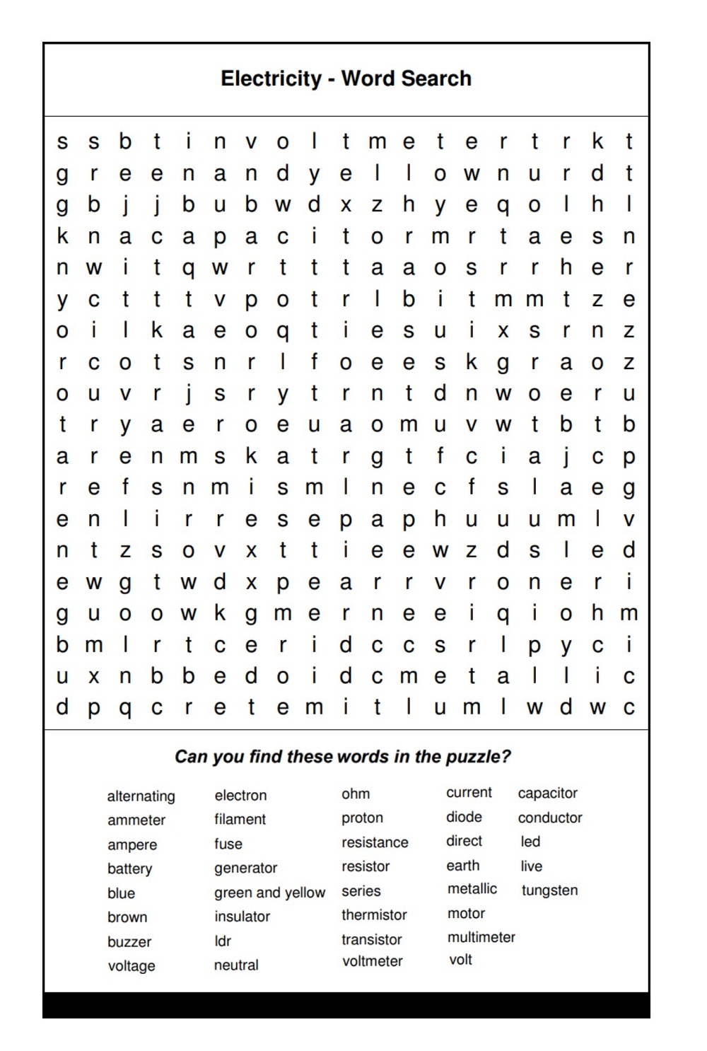 Electricity Word Search Puzzle