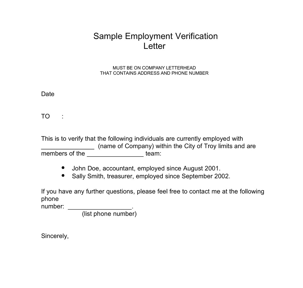 Employment Verification Letter Form Template