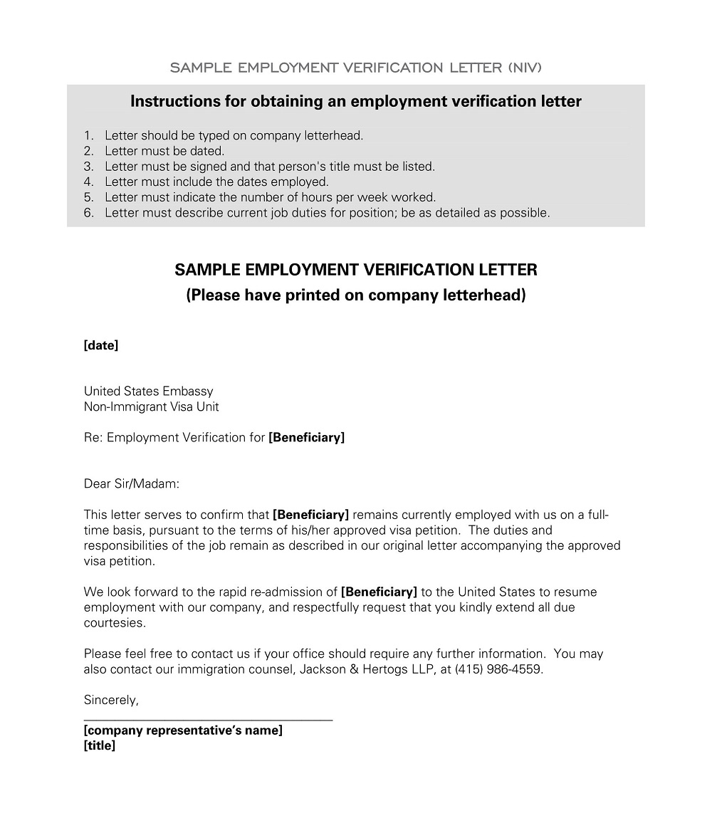 Employment Verification Letter for immigration Template