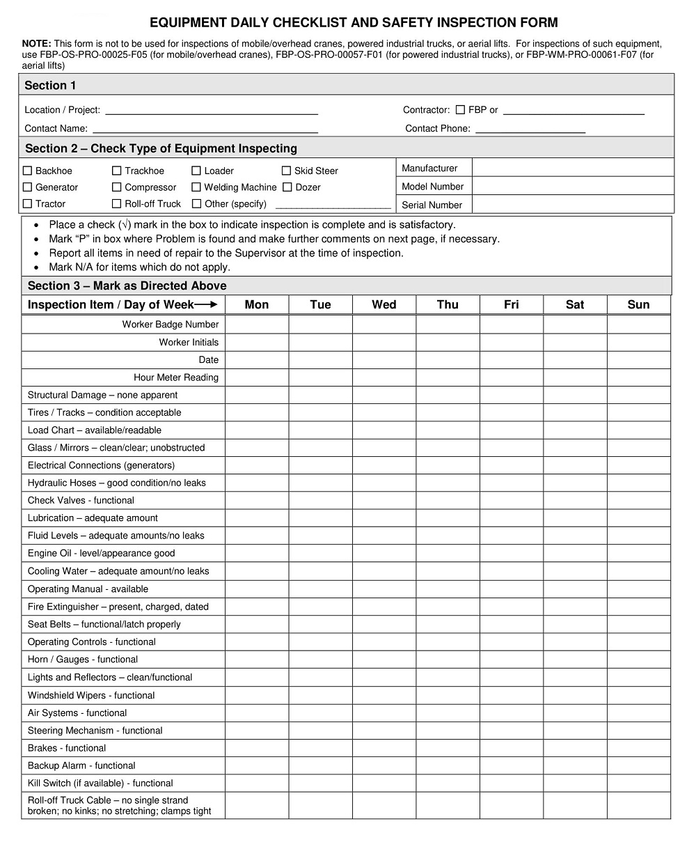 Equipment Daily Checklist And Safety Inspection Form