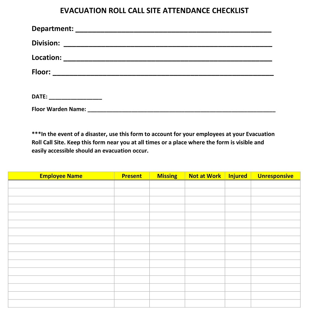 Evacuation Roll Call Site Attendance Checklist