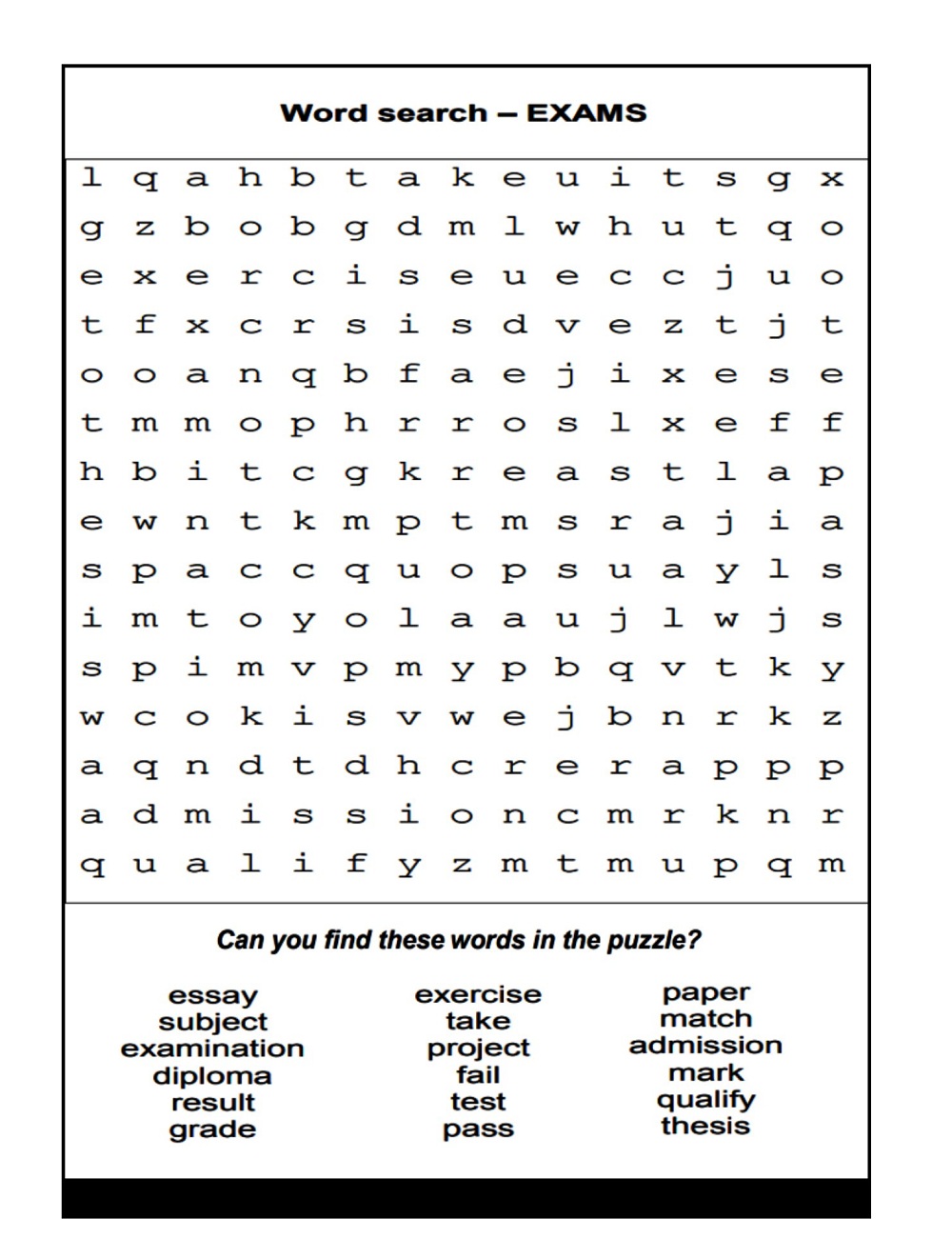 Exam Words Search Puzzle