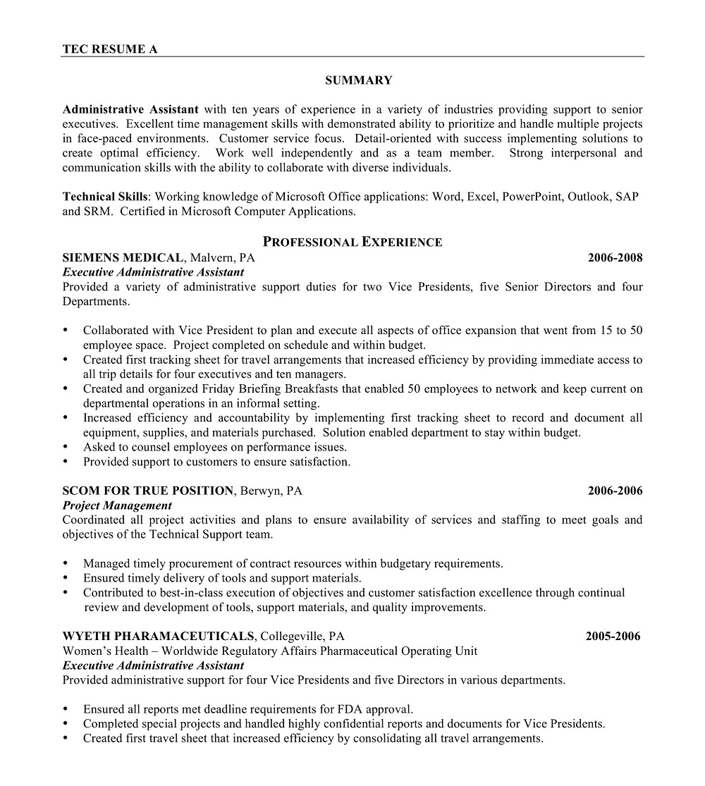 Executive Administrative Assistant Resume