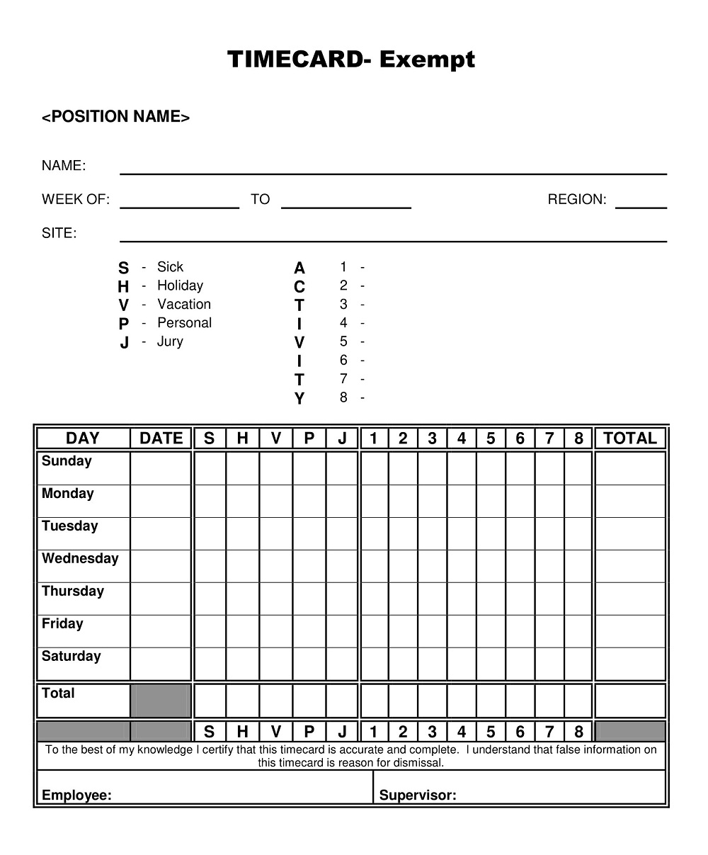 Exempt Time Card Template