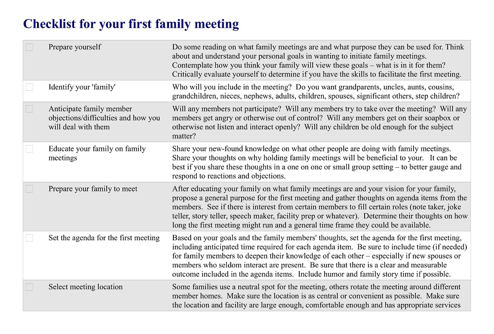 Family Meeting Checklist Template