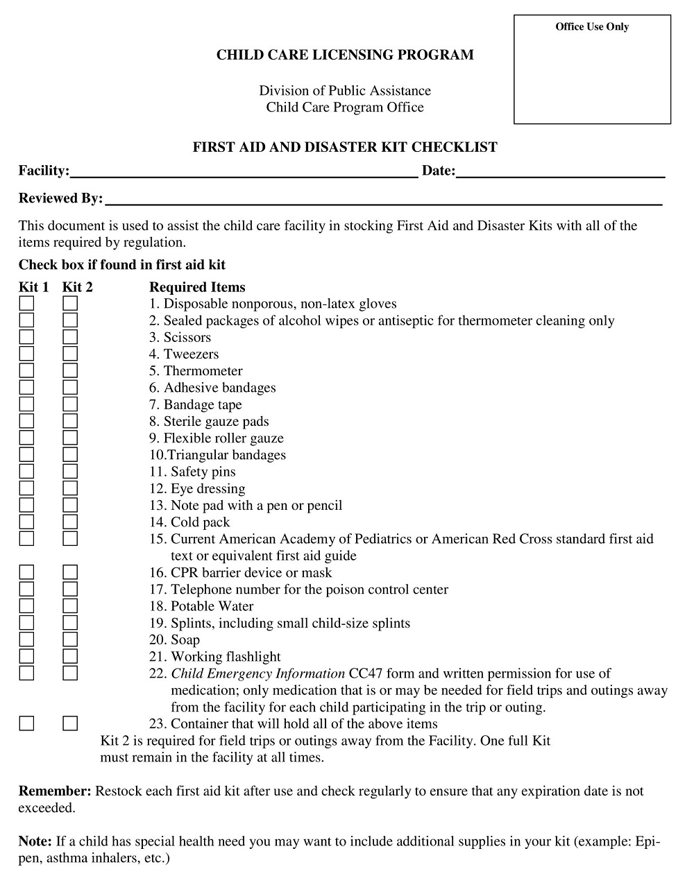 First Aid And Disaster Kit Checklist