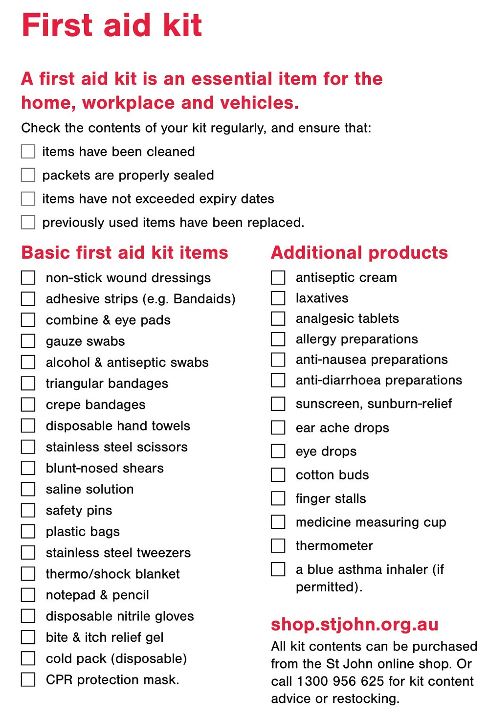 First Aid Fact Sheet Checklist