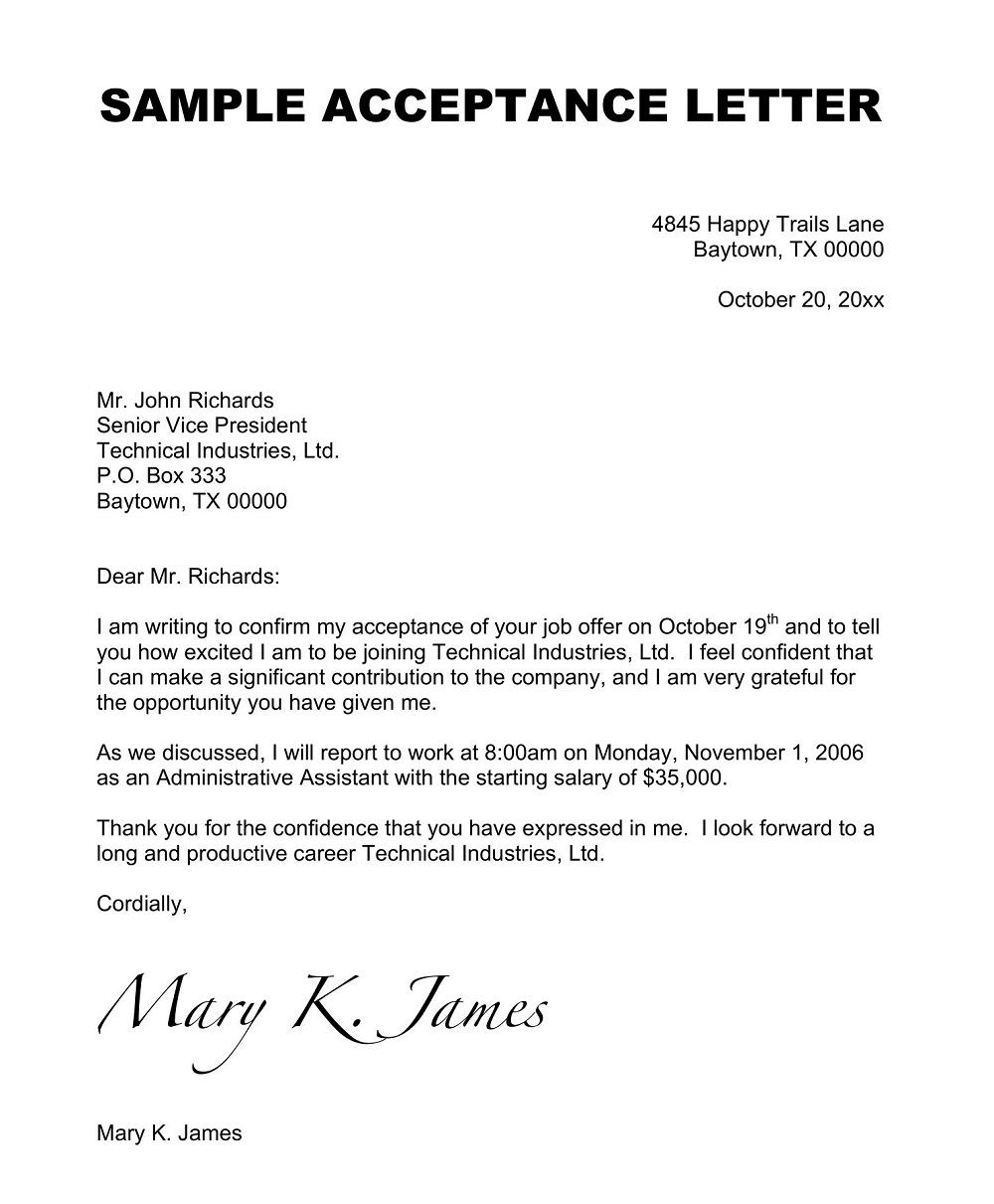 Follow-Up Job Acceptance Letter Template