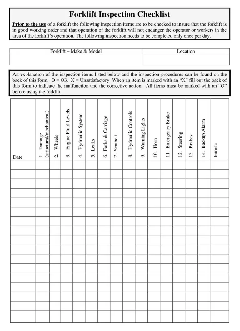 24 Free Printable Forklift Inspection Checklist Templates Sample PDF 