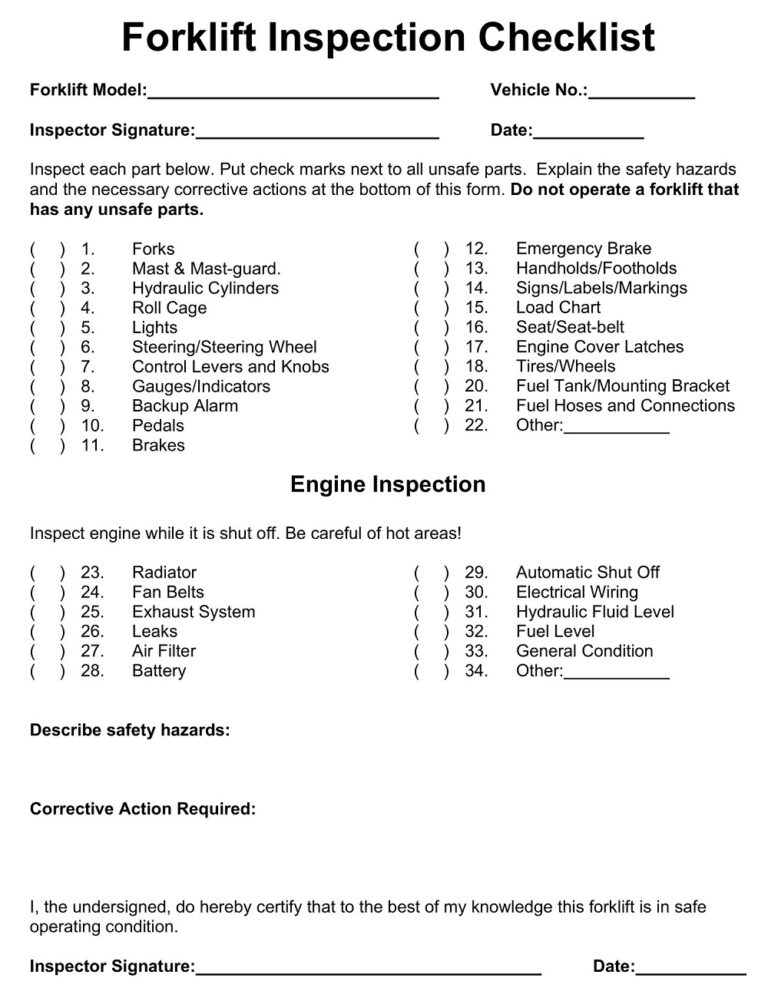 24+ Free Printable Forklift Inspection Checklist Templates - Sample PDF ...