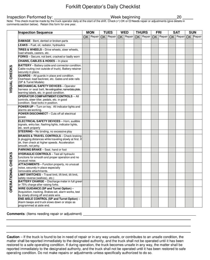 24+ Free Printable Forklift Inspection Checklist Templates - Sample PDF ...