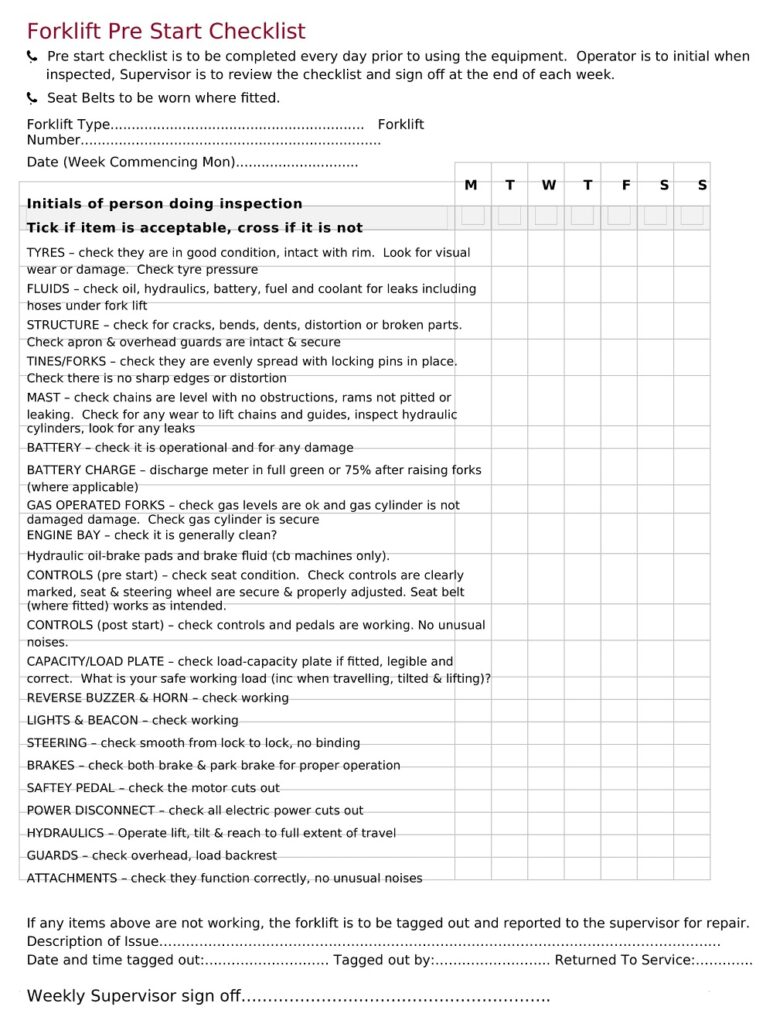 24+ Free Printable Forklift Inspection Checklist Templates - Sample PDF ...