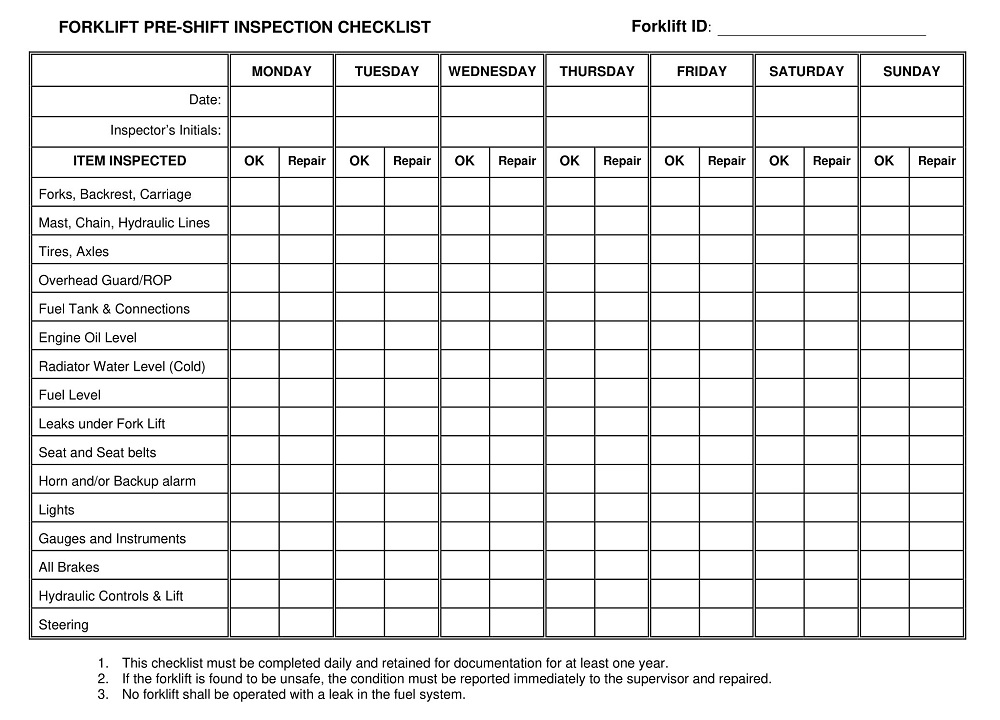 Forklift Pre-shift Inspection Checklist
