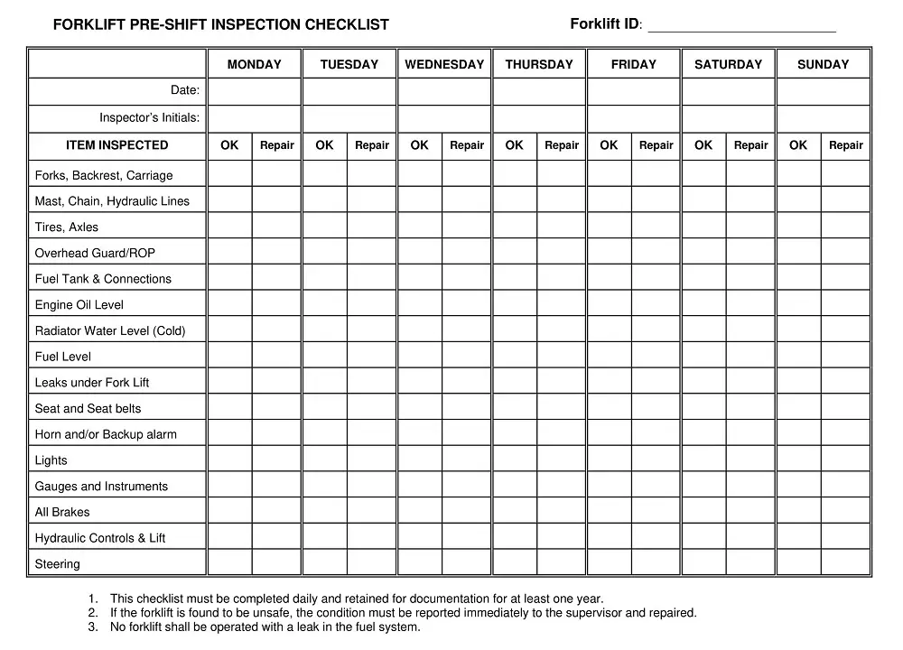 Forklift Pre-shift Inspection Checklist