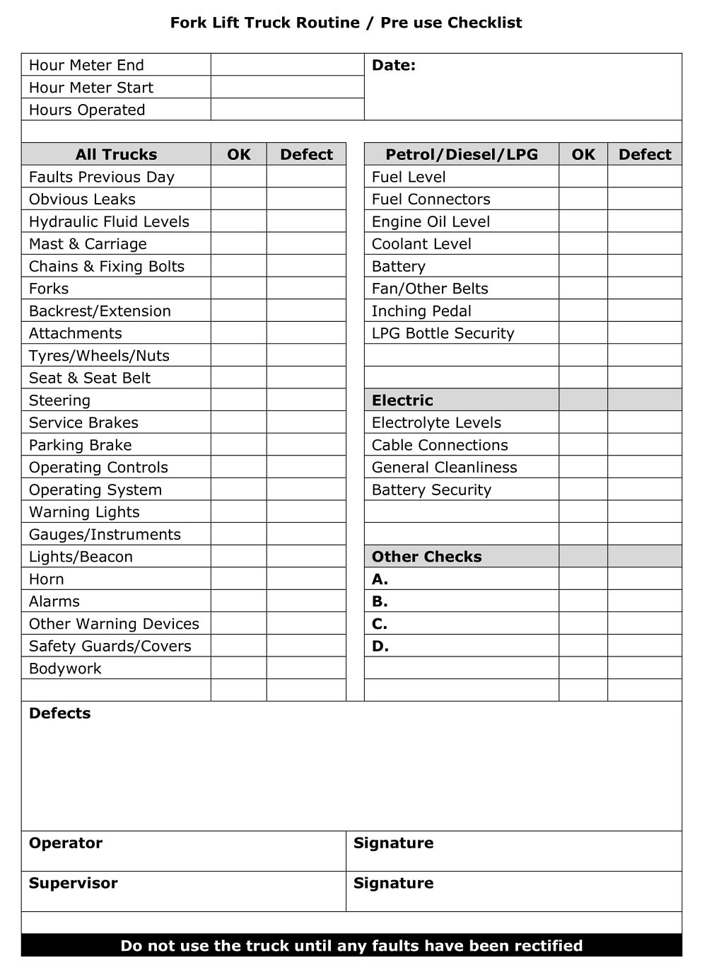 Forklift Truck Checklist Template
