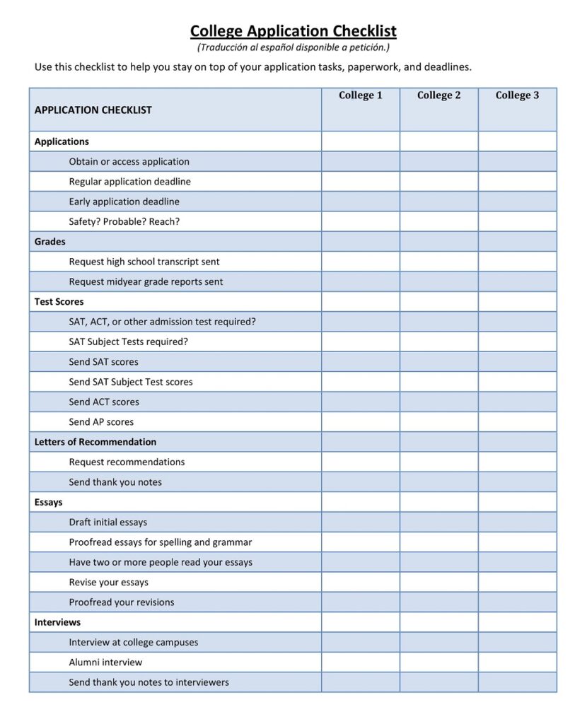 Free Printable College Checklist Templates Pdf Word American Templates