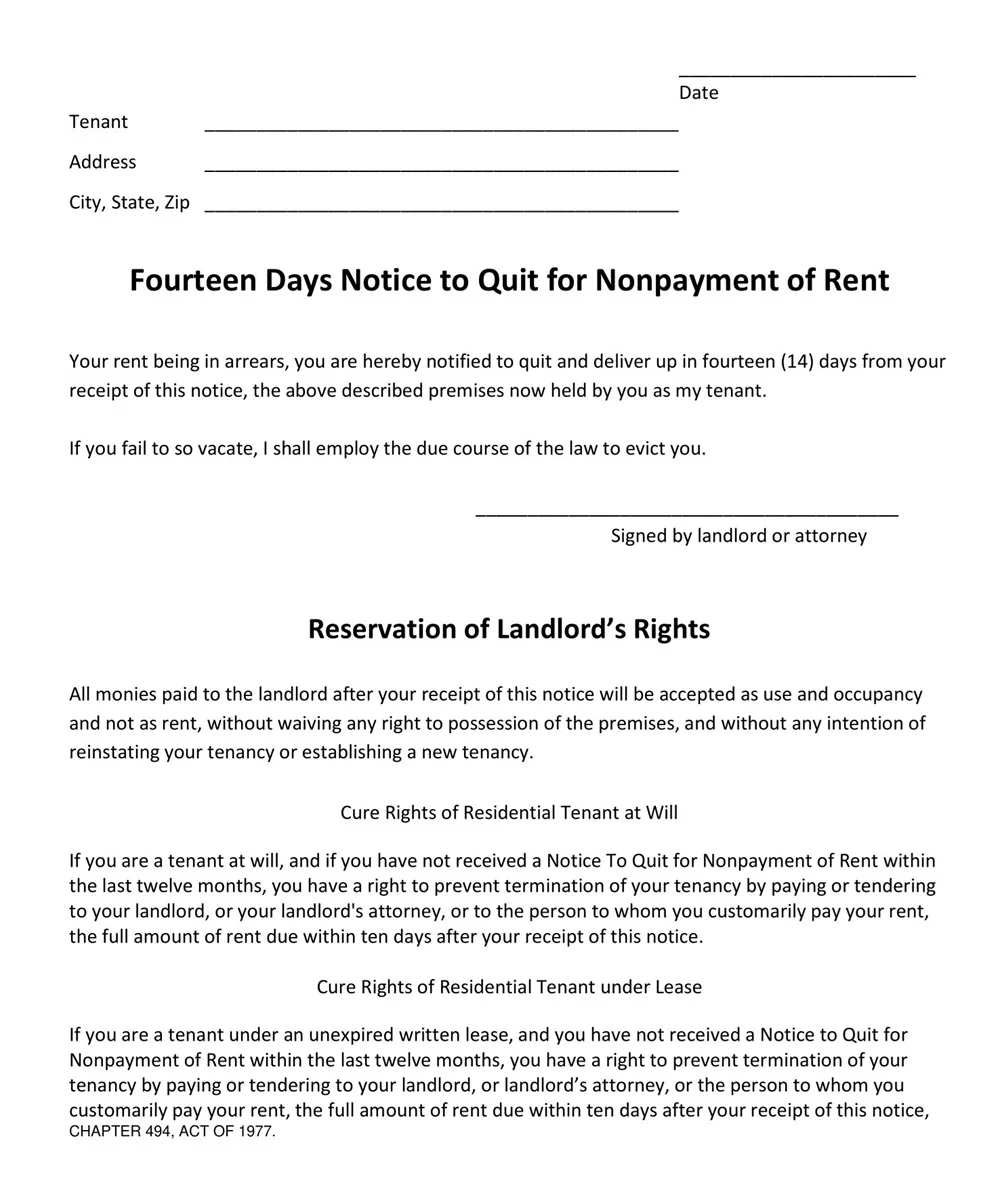 Fourteen Days Notice to Quit for Nonpayment of Rent