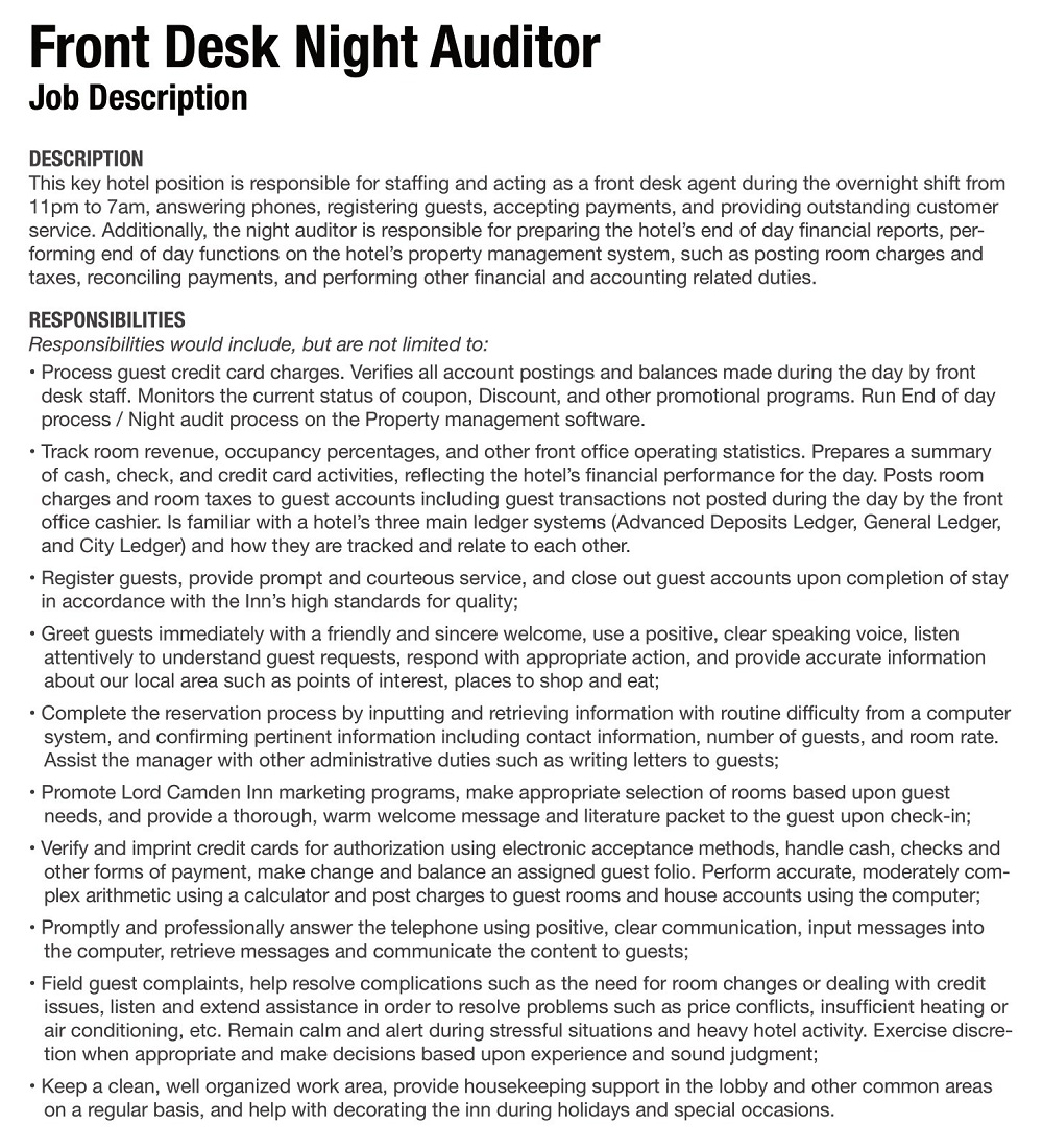 Front Desk Night Auditor Job Description