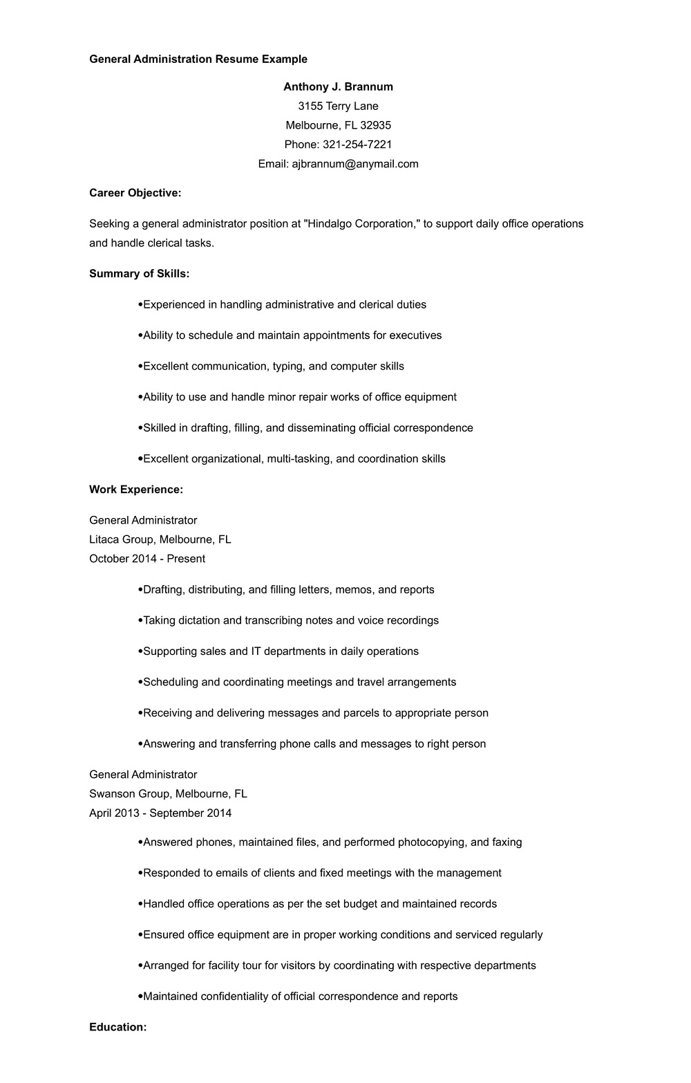 General Administration Resume Template