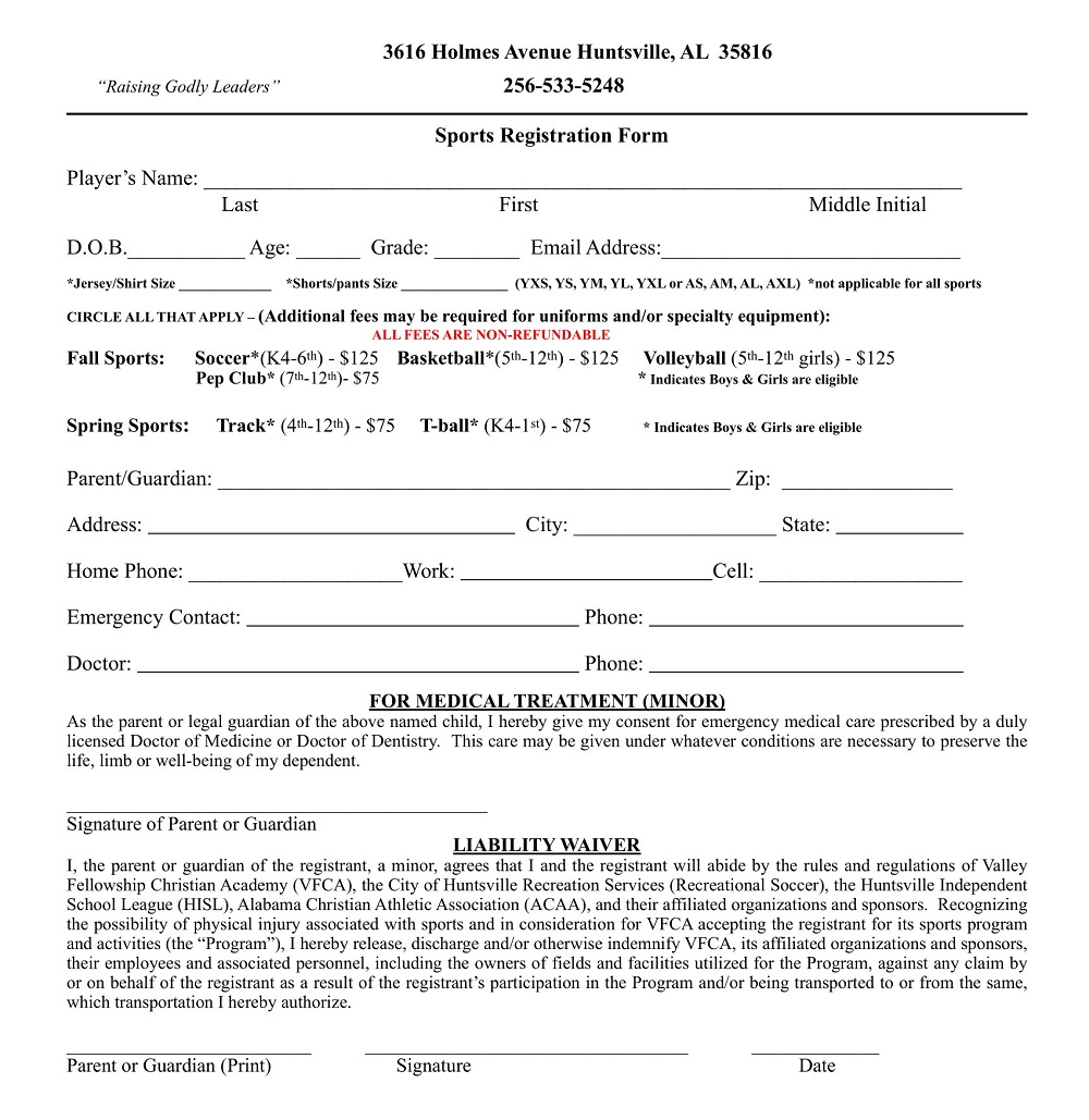 General Sports Registration Form