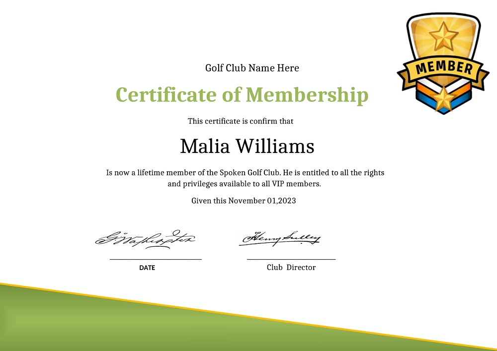 Golf Club Certificate of Membership Template