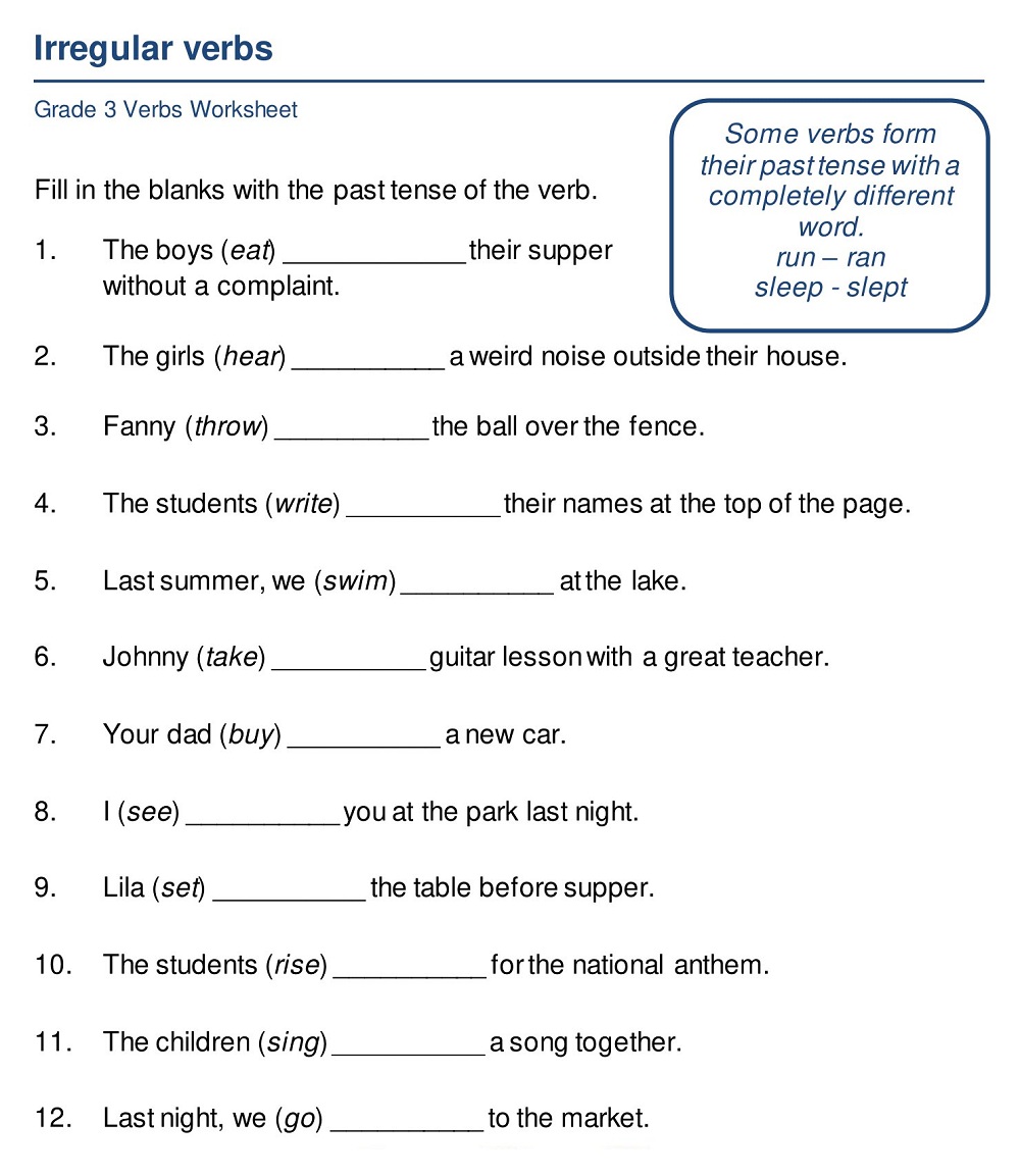 Grade 3 Irregular Verbs Worksheet