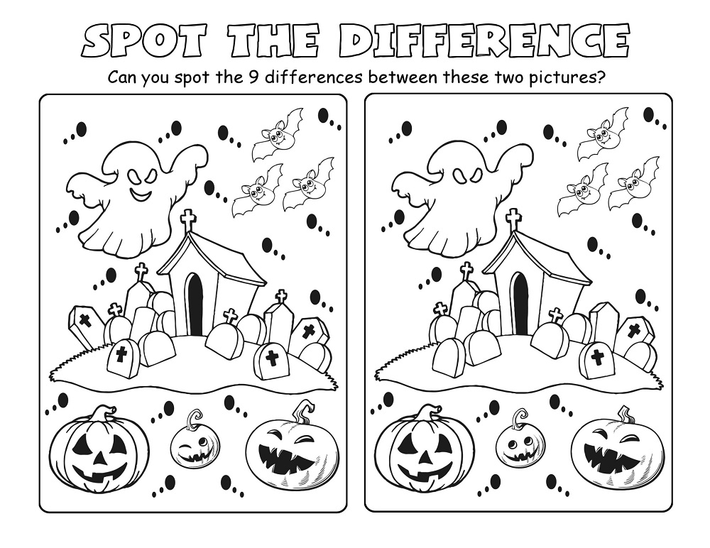Halloween Graveyard Spot the Difference Puzzle Worksheet