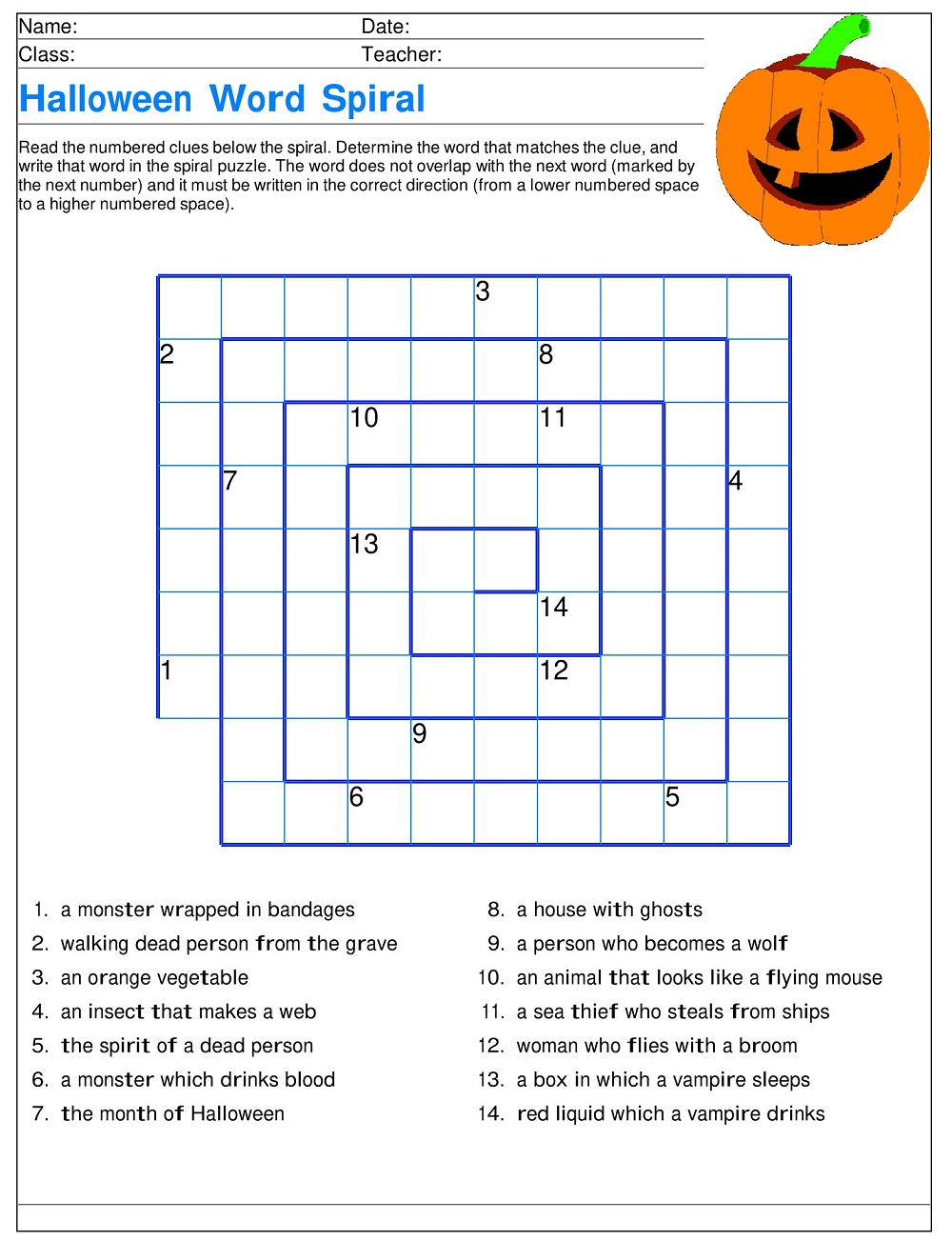 Halloween Word Spiral Puzzle
