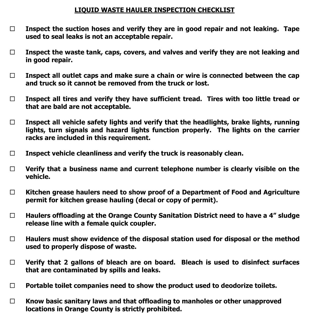 Hauler Vehicle Cleanliness Inspection Checklist
