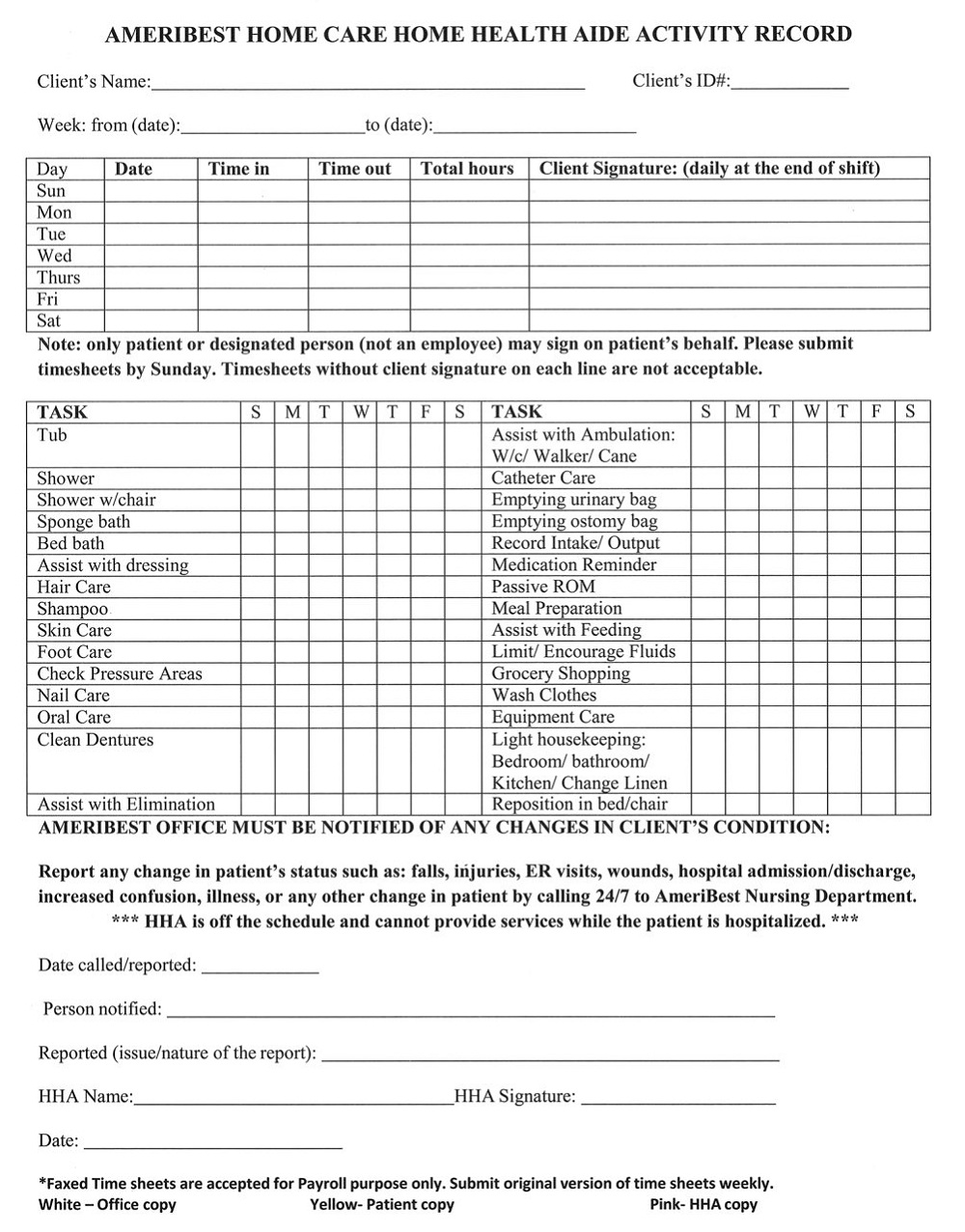 Home Health Aid Activity Record Form