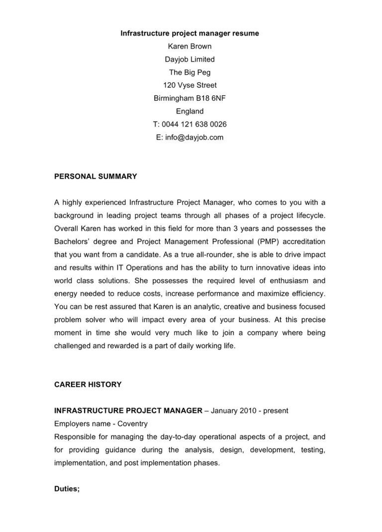 Infrastructure Project Manager Cv Example 22+ Free Project Manager Resume Examples & Templates (PDF, Word ...