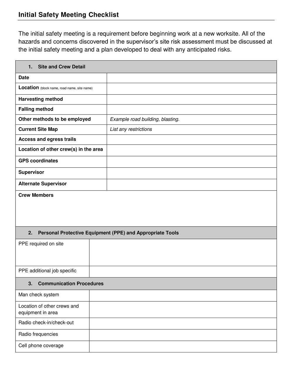 Initial Safety Meeting Checklist Template