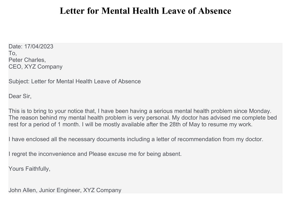 Letter for Mental Health Leave of Absence