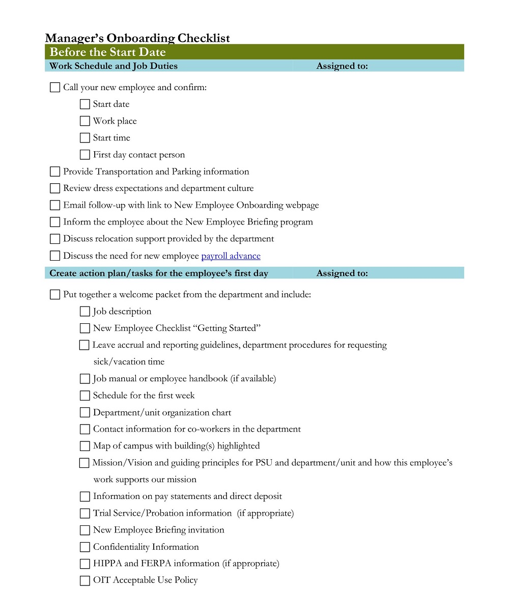 Managers Onboarding Checklist Template
