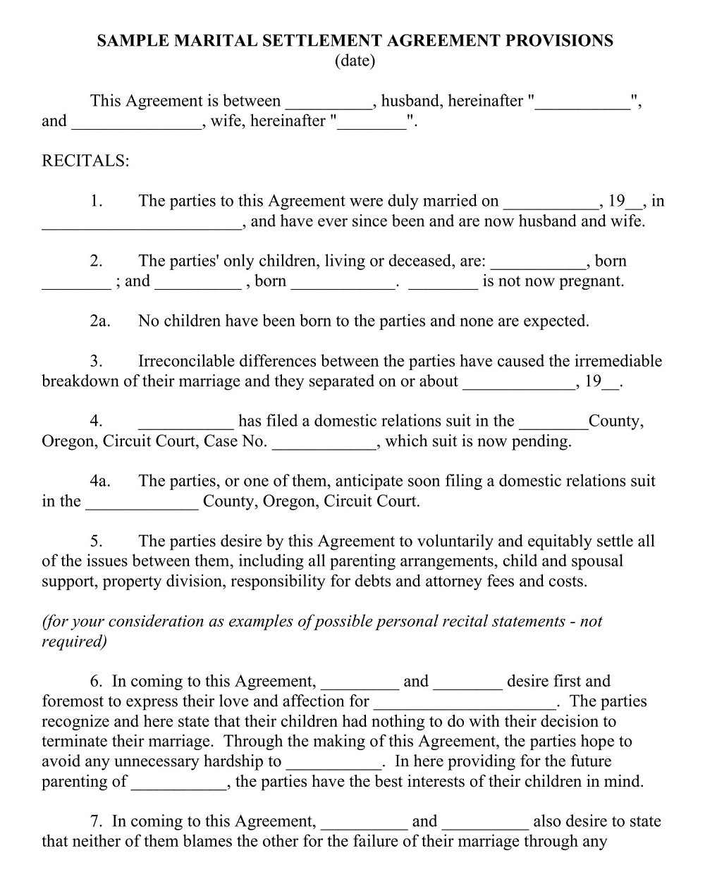 Marital Settlement Agreement Provisions