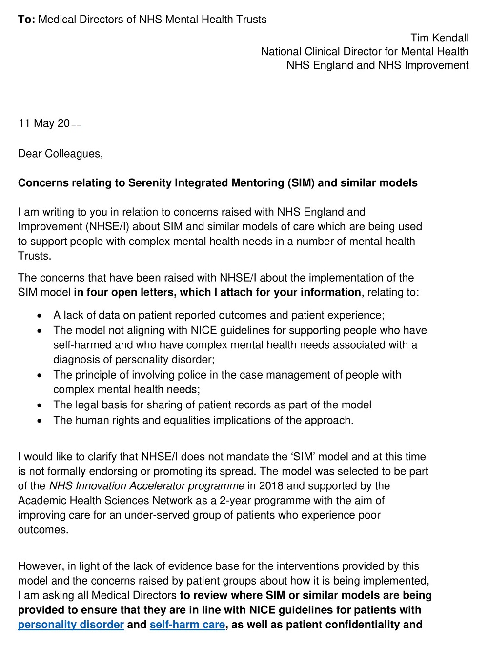 Medical Directors of NHS Mental Health Trusts Letter