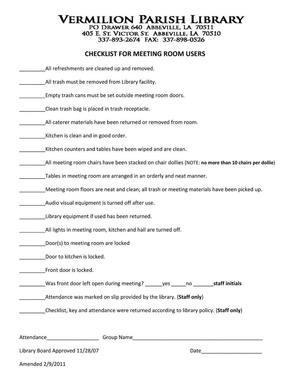 Meeting Room Checklist Template