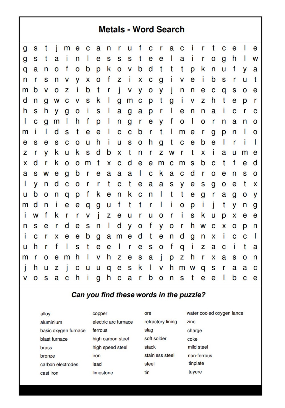 Metals Word Search Puzzle