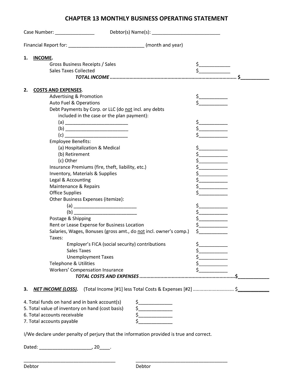Monthly Business Operating Statement Template