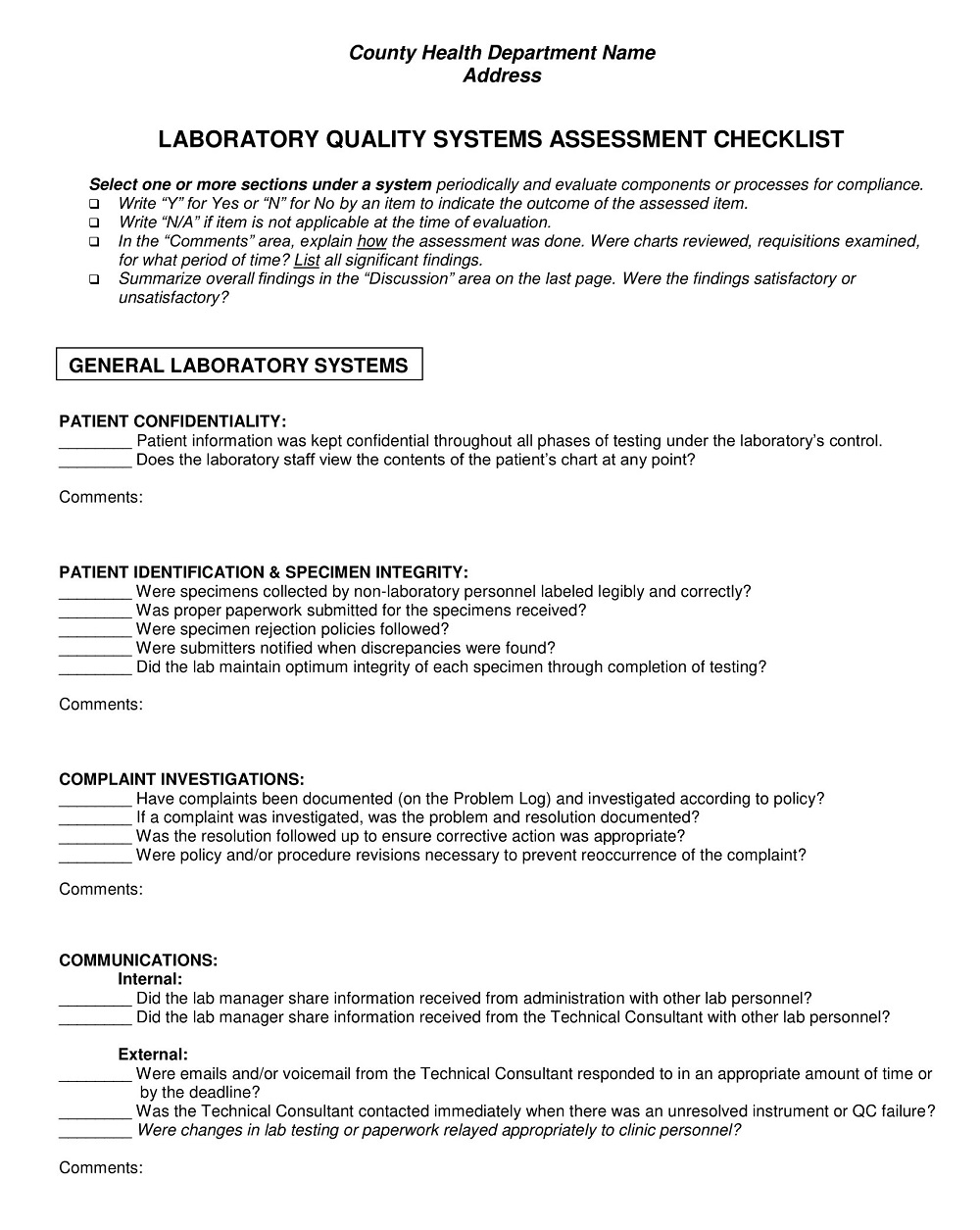 Monthly Quality Assurance Checklist Template