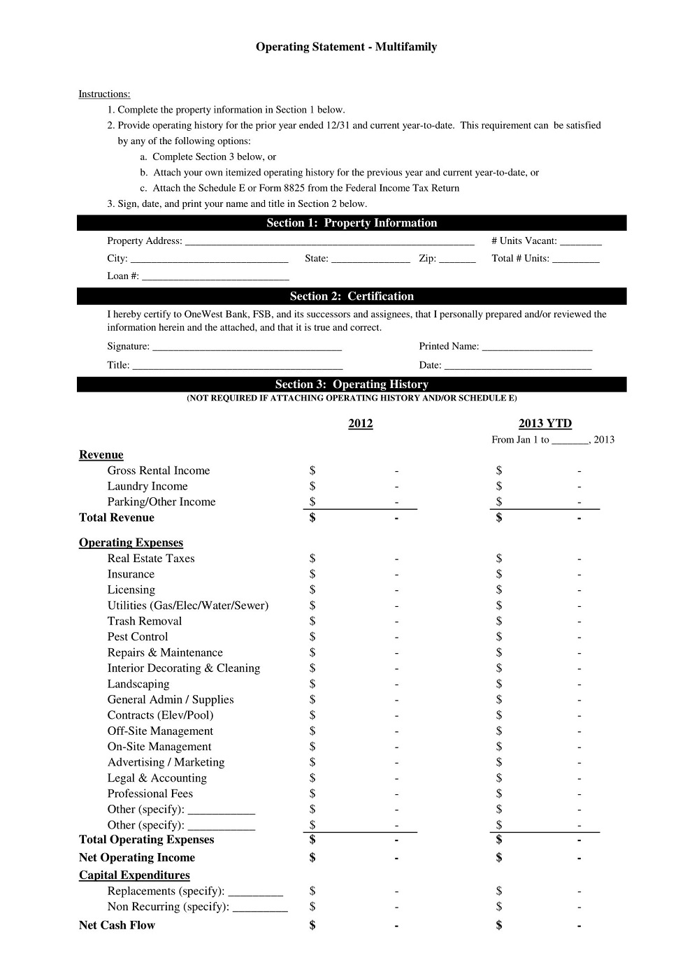 Multifamily Operating Statement Form