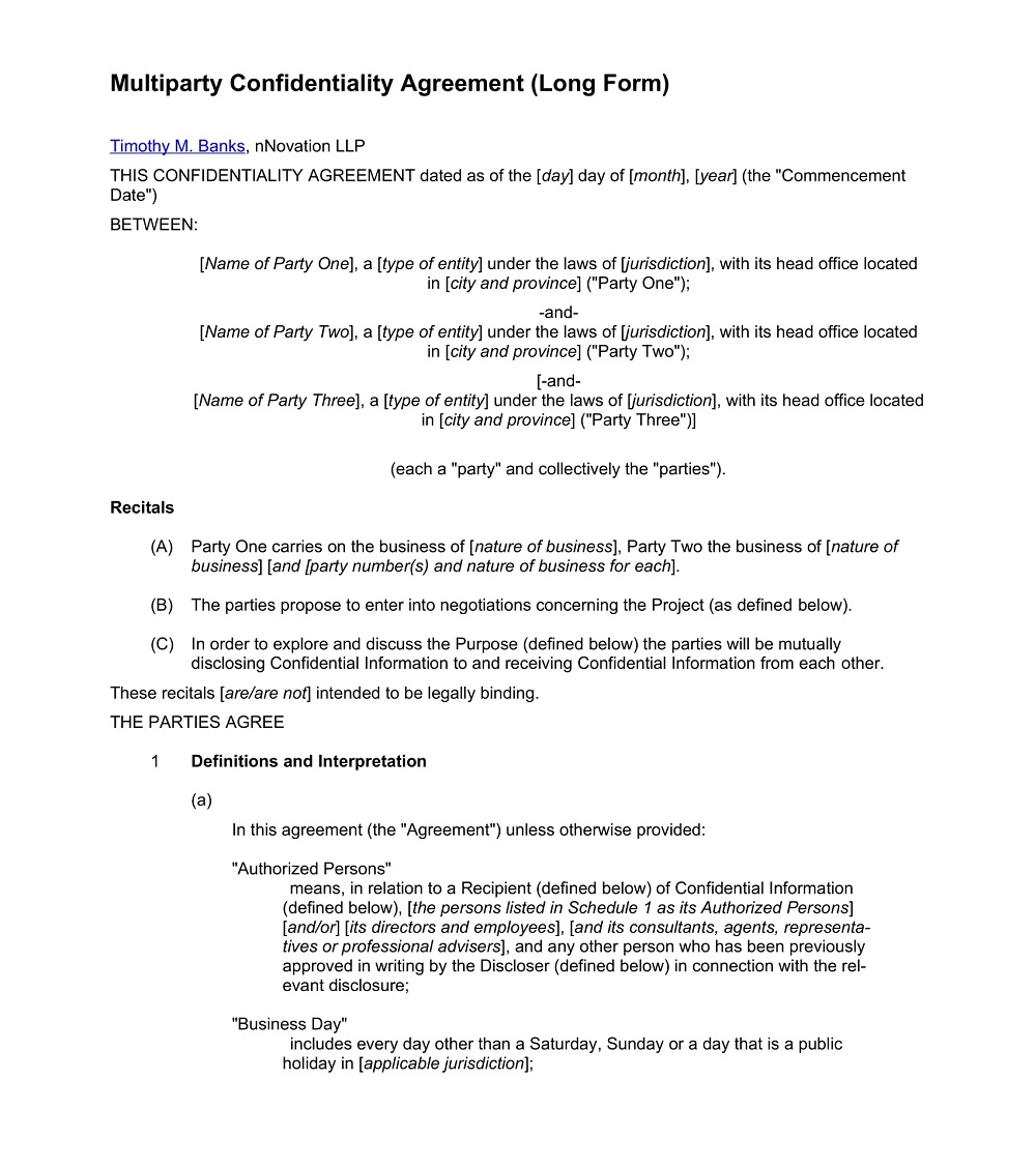 Multiparty Confidentiality Agreement Template
