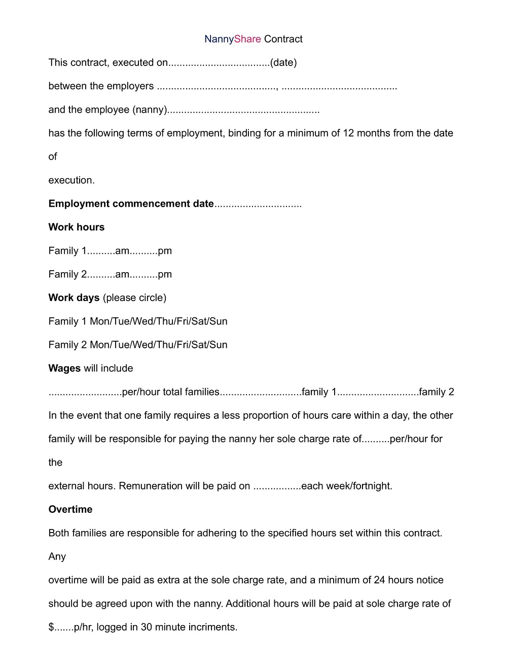 Nanny Share Contract Template Word