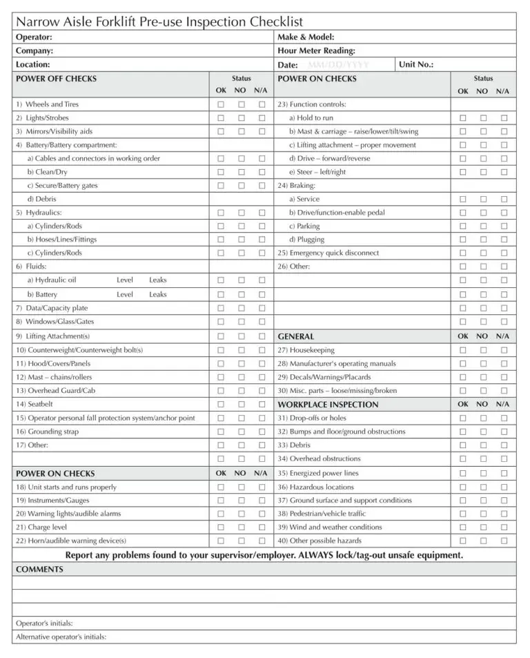 Printable Forklift Safety Checklist Lights Crystal