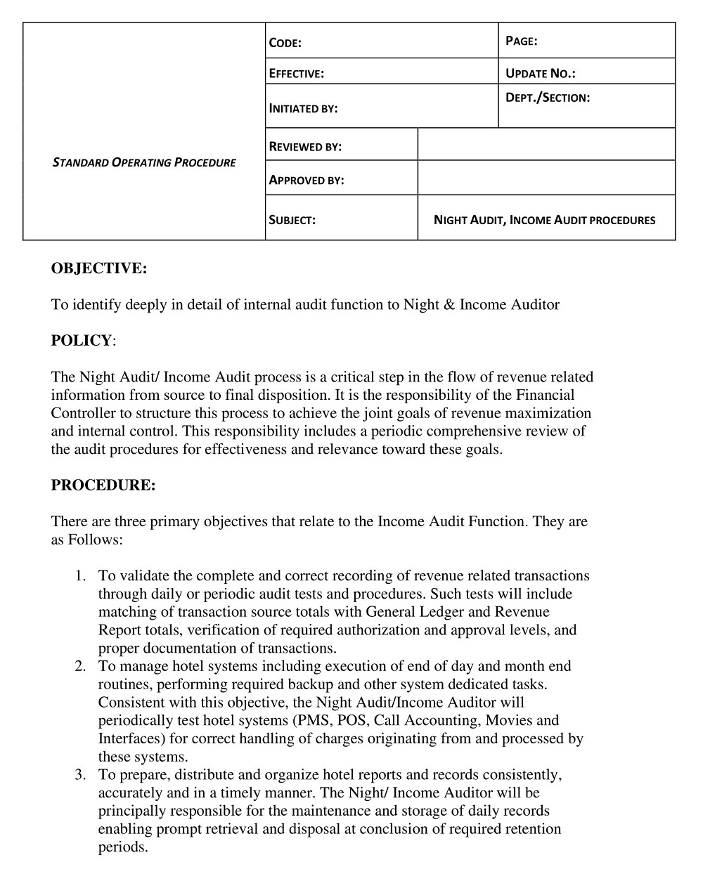 Night Audit Procedure Checklist