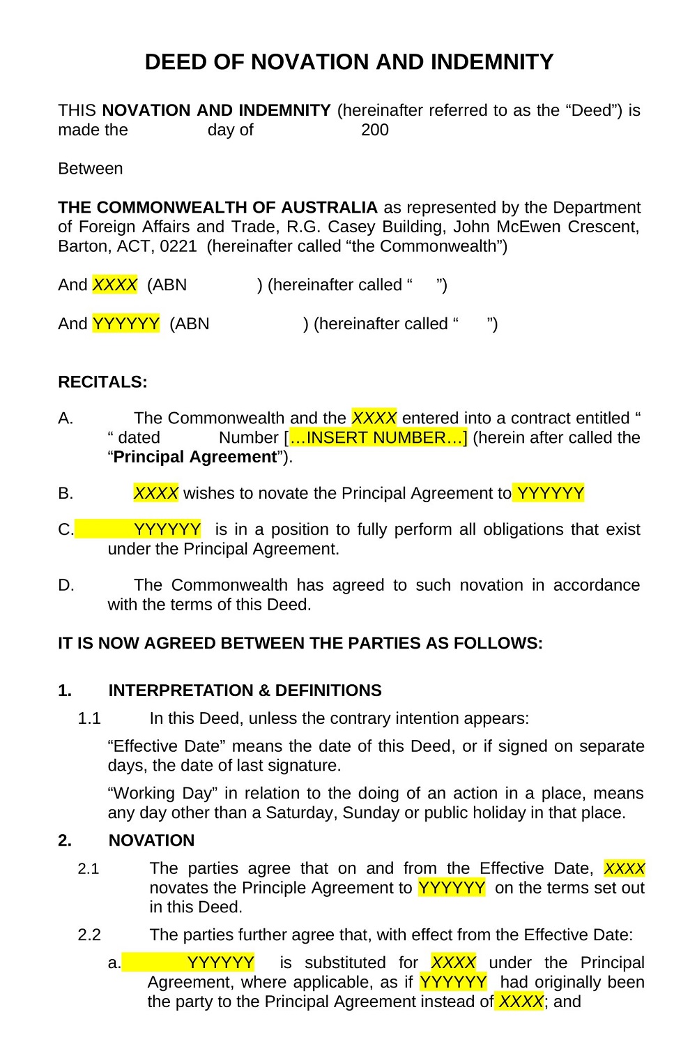 Novation Agreement Form Template