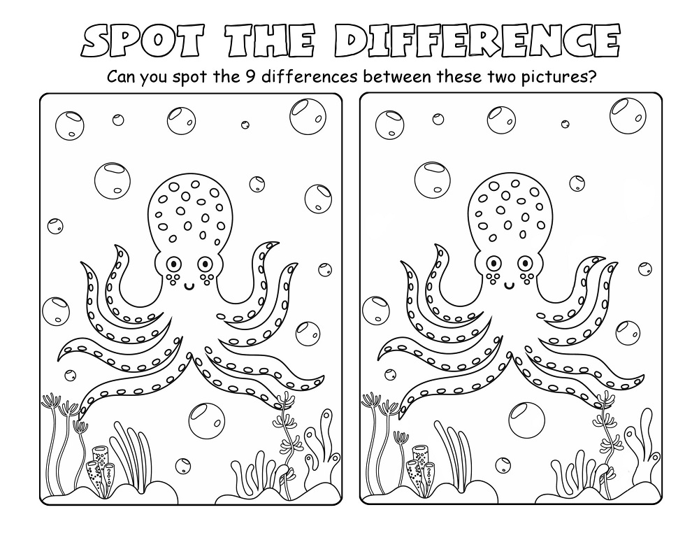 Octopus Spot the Difference Puzzle Worksheet